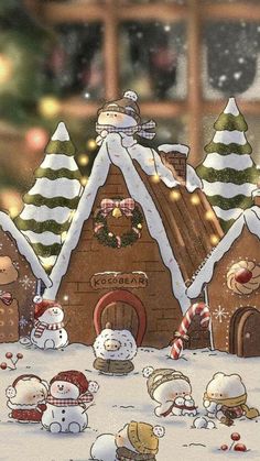 an animated christmas scene with snowmen and gingerbread houses