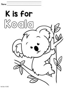 the letter k is for koala coloring page with a koala on a branch