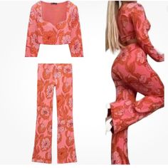 Zara Pink Orange Floral Print Jacquard Crop Top Pants 2 Piece Set Medium Fitted Long Sleeve Printed Pant Set, Chic Pink Loungewear Sets, Pink Stretch V-neck Sets, Chic Fitted Pink Sets, Pink V-neck Stretch Sets, Trendy Pink Two-piece Bottoms Set, Chic Pink Two-piece Bottoms Set, Spring Pink Two-piece Set, Chic Pink Two-piece Set