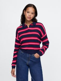 Supersoft cotton-blend polo sweater.  Polo collar with button placket.  Long sleeves with drop shoulders.  Fit: Relaxed.  A straight & easy fit.  For a Classic fit, go down one Navy Blue And Pink, Plush Yarn, Sweater Polo, Sweater Navy Blue, Everyday Luxury, Shirt Sweater, Polo Sweater, Pullover Shirt, Navy Pink