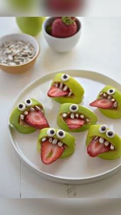 there are pictures of different food items with eyes and mouth designs on them, including strawberries