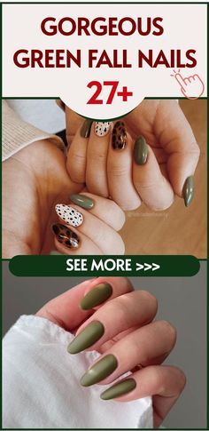 Green Nails For Fall, Moss Green Nails, William Robinson, Fall Toe Nails, Fall Wedding Nails, Nails For Fall, Metallic Nail Art, Yellow Nails Design