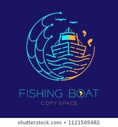 fishing boat logo with waves and clouds in the ocean on blue background for company or business