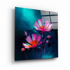 three pink flowers on a blue background are featured in this modern art piece, which is mounted to the wall