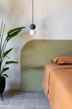 a room with a bed, plant and lamp on the wall next to each other