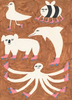 an art work with animals and birds on brown paper