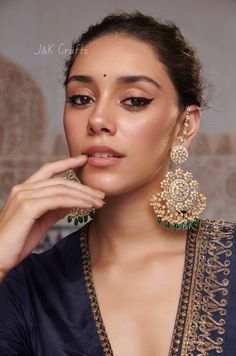 Kundan work inspired Indian earrings with high graded shell pearls. Earrings based in silver and copper alloy. It will elevate your quotient in no time. Earrings Length - 6 cm Closure - Push Pin Style Tip - Wear this with almost anything Indian for a rich and royal look because nothing more regal than kundan earrings. We love teaming this with classy chiffon sarees or zari silk sarees. Also looks best when worn with your royal whites, off whites and gold. We recommend styling with bold solids or Green Stone Earrings, Chiffon Sarees, Kundan Work, Rakhi Design, Pearls Earrings, Royal Look, Pin Pin, Kundan Earrings, Pistachio Green