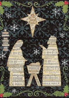 a christmas card with two men and a star on it, surrounded by sheet music