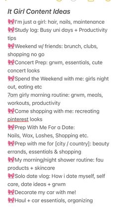 a list with the words it girl content ideas