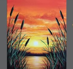 a painting of the sun setting over a body of water with reeds in foreground