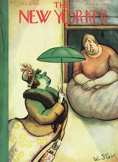 the new yorker magazine cover shows a man in bed with an umbrella