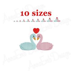 two swans with hearts in their beaks and the words 10 sizes