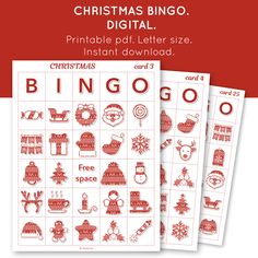 three christmas themed printables with the words,'christmas bingo'in red and white