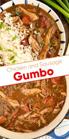 chicken and sausage gumbo in a bowl with rice