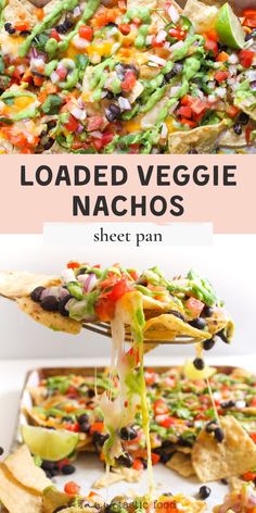 loaded veggie nachos with cheese and black olives on the side