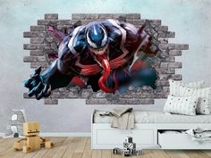 an image of a wall mural in the shape of a spider - man with his mouth open