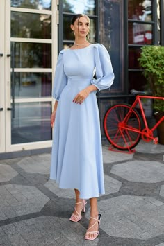 Fabric: Crepe Cotton 75%, Polyester 20%, Elastane 5% Round neckline Puff sleeves Long sleeves Bow tie back detail Button lock at the back Backless dress Midi length Classy Formal Dresses, Midi Dress Classy, Long Sleeve Bridesmaid Dress, Sky Blue Dress, Elegant Bridal Gown, Feminine Wardrobe, Puff Sleeve Midi Dress, Simply Dress, Royal Outfits