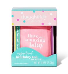 this is an image of a birthday gift set in a pink and blue box with polka dots