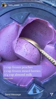 a purple cup filled with ice cream next to a gold spoon and text that reads, i cup frozen peaches 1 cup frozen mixed berries 4 / 4 cups almond milk