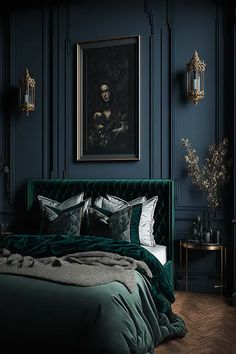 a bedroom with dark blue walls and green velvet bedding, gold framed art above the bed