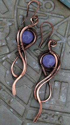 Amethyst and  copper,  Not my design...made for myself.  :) Elegant Wire Jewelry, Wire Weave Earrings, Artisan Wire Wrapped Copper Earrings, Elegant Copper Wire Wrap Earrings, Elegant Copper Wire Pendant Jewelry, Wirework Jewelry Tutorials, Bohemian Wire Wrapped Copper Earrings, Vintage Copper Wire Wrapped Earrings, Wire Wrapped Stones