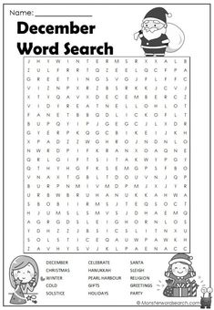 the december word search is shown in this printable worksheet for children to learn