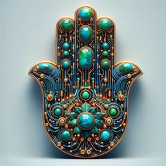 an intricately designed hamsa with turquoise and green beads on it's palm