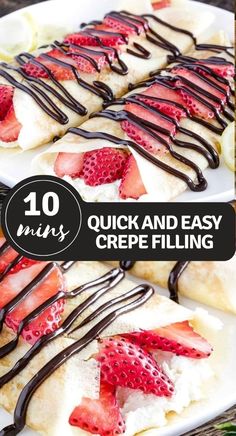 strawberry crepes with chocolate drizzled on top and strawberries in the middle