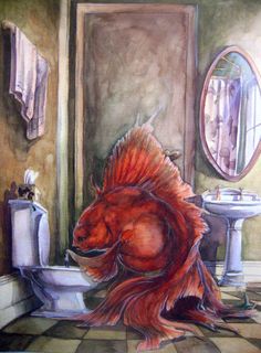 a painting of a red fish in a bathroom next to a sink and toilet bowl