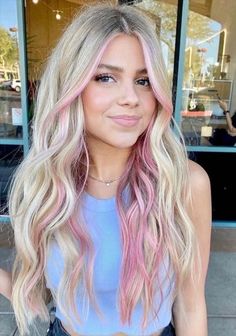 Blonde And Pink, Pink Hair Streaks, Pink Hair Highlights, Blonde Hair With Pink Highlights, Light Pink Hair, Pink Blonde Hair, Pink Hair Dye, Peekaboo Hair, Hair Streaks