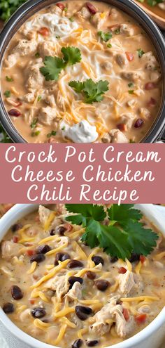 two pictures with different types of food in them and the words crock pot cream cheese chicken chili recipe