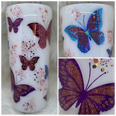 three different images of butterflies on white glass vases, one with purple and blue wings