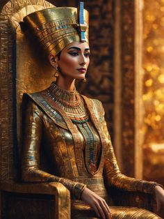 an egyptian woman sitting in a golden chair with her hands on her hips and wearing jewelry