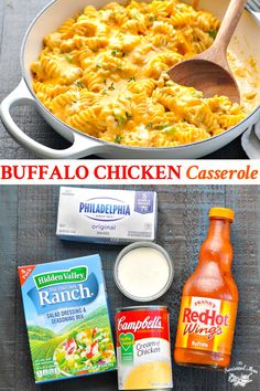 the ingredients to make buffalo chicken casserole are shown