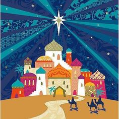 a christmas card with an image of a star above a town and two people on a horse