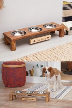 there is a dog that is standing in front of some food bowls and a table