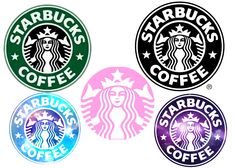 four starbucks stickers are shown in different colors