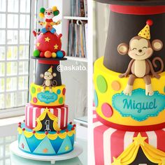 three tiered cakes decorated with monkeys and circus decorations