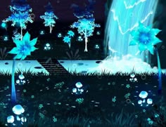 an animated scene with blue flowers and trees