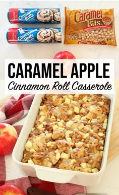 caramel apple cinnamon roll casserole with apples in the background