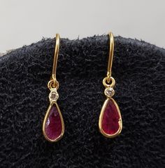 Natural Ruby With Diamond 18k Gold Earring, Drop Earring, Dainty Ear Wire, Faceted Ruby, 18k Gold Ear Wires, 1 Pair, Gold Jewelry - Etsy Ruby And Gold Jewelry, Ruby Drop Earrings, Ruby Earring, 18k Gold Earrings, Gem Earrings, Interesting Ideas, Ruby Earrings, Gold Earring, Drop Earring