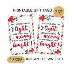 two printable christmas tags with the words, merry and bright