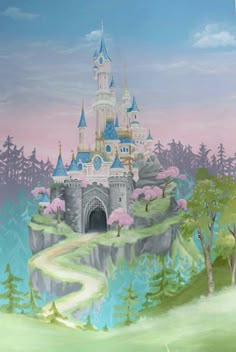 a painting of a castle in the middle of a forest with pink flowers on it