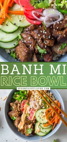 a bowl filled with rice, meat and veggies next to chopsticks