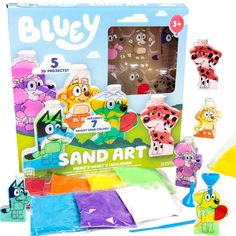 bluey sand art kit with 5 different colors and designs in the package, including an assortment