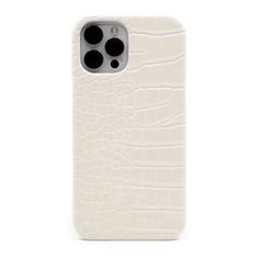 an iphone case with white alligator skin on the front and back sides, showing two black buttons