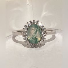 This Unique Natural Moss Agate Halo White Gold Plated Solid Sterling Silver Ring, Stamped S925 Is Stunning & One Of A Kind. Handmade Fine Jewelry Sz 7 Silver Moss Agate Ring, Moss Agate Jewelry, Moss Agate Ring, Dot Dot, Handmade Fine Jewelry, Agate Ring, Moss Agate, Womens Jewelry Rings, Sterling Silver Ring