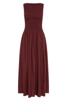 A sleeveless maxi dress with a high-cut neckline and shirred bodice, fitting through the upper body but still offering significant stretch and movement. From the waist it falls into a gathered A-line skirt which softly falls around the ankles. Offered in a deep bordeaux shade, style with a classic ballet flat for a romantic, yet practical approach to everyday wear. Maxi Dress Sale, Sleeveless Maxi Dress, Ballet Flat, Top Sales, New Print, High Cut, A Line Skirt, Upper Body, Playsuit Jumpsuit