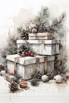 watercolor painting of presents with pine cones, ornaments and other holiday decorations on the table