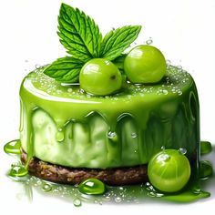 a cake with green icing and cherries on top, surrounded by water droplets